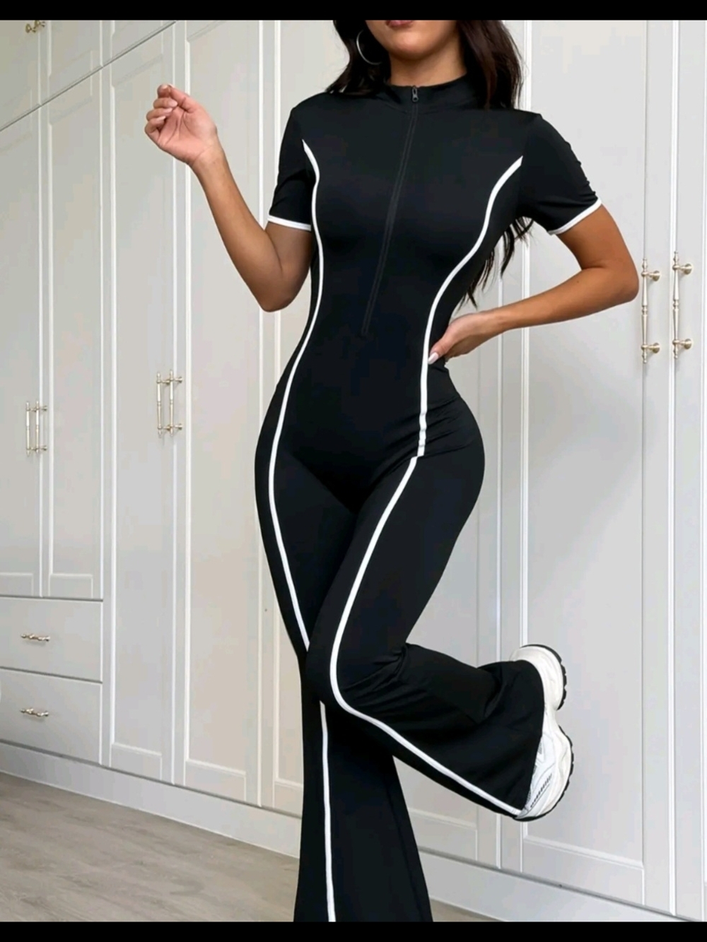 Black Slim-Fit Jumpsuit with White Piping